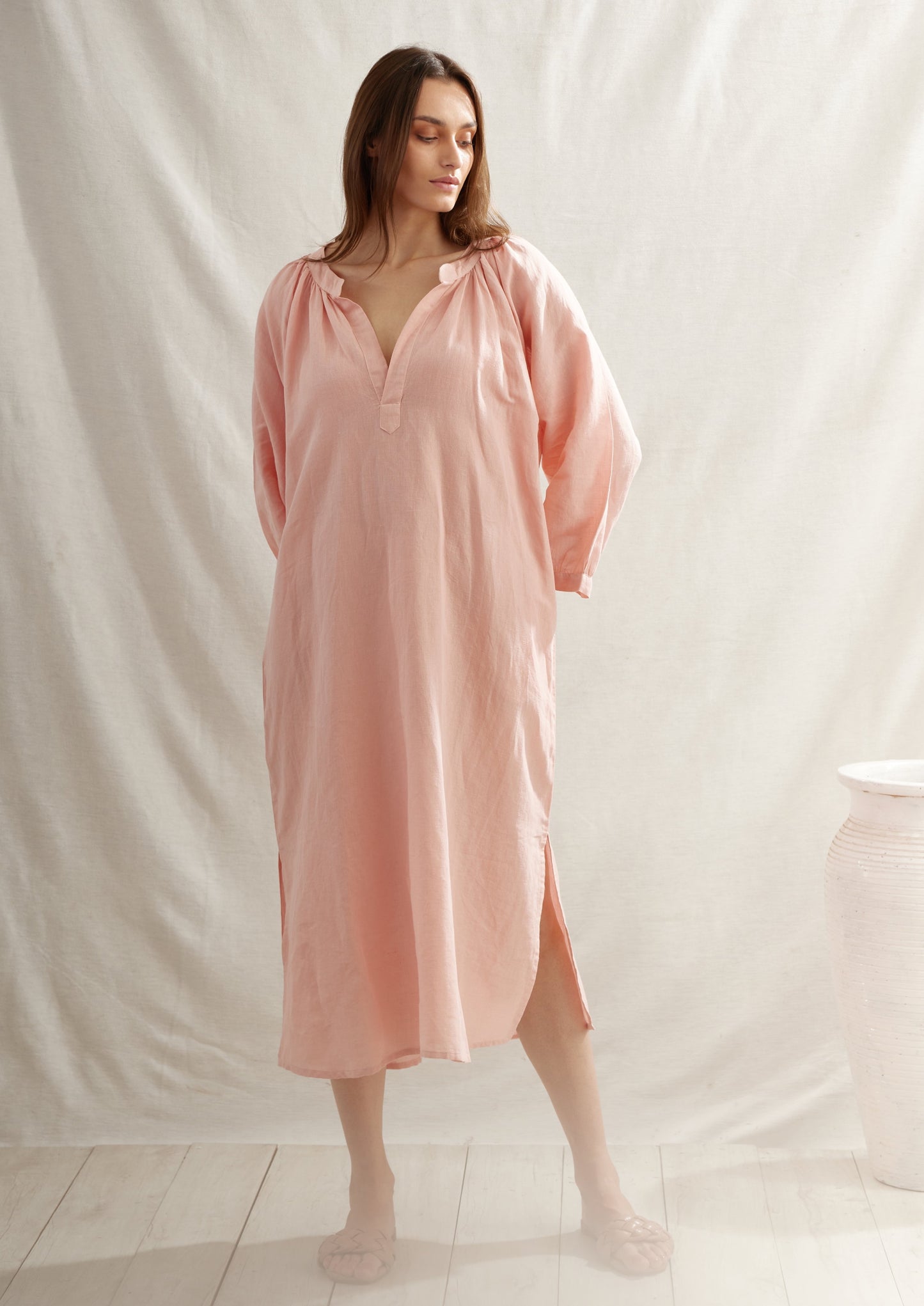 Moroccan Gathered Linen Tunic Dress