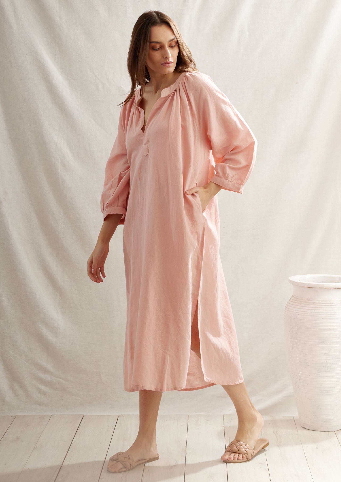Moroccan Gathered Linen Tunic Dress
