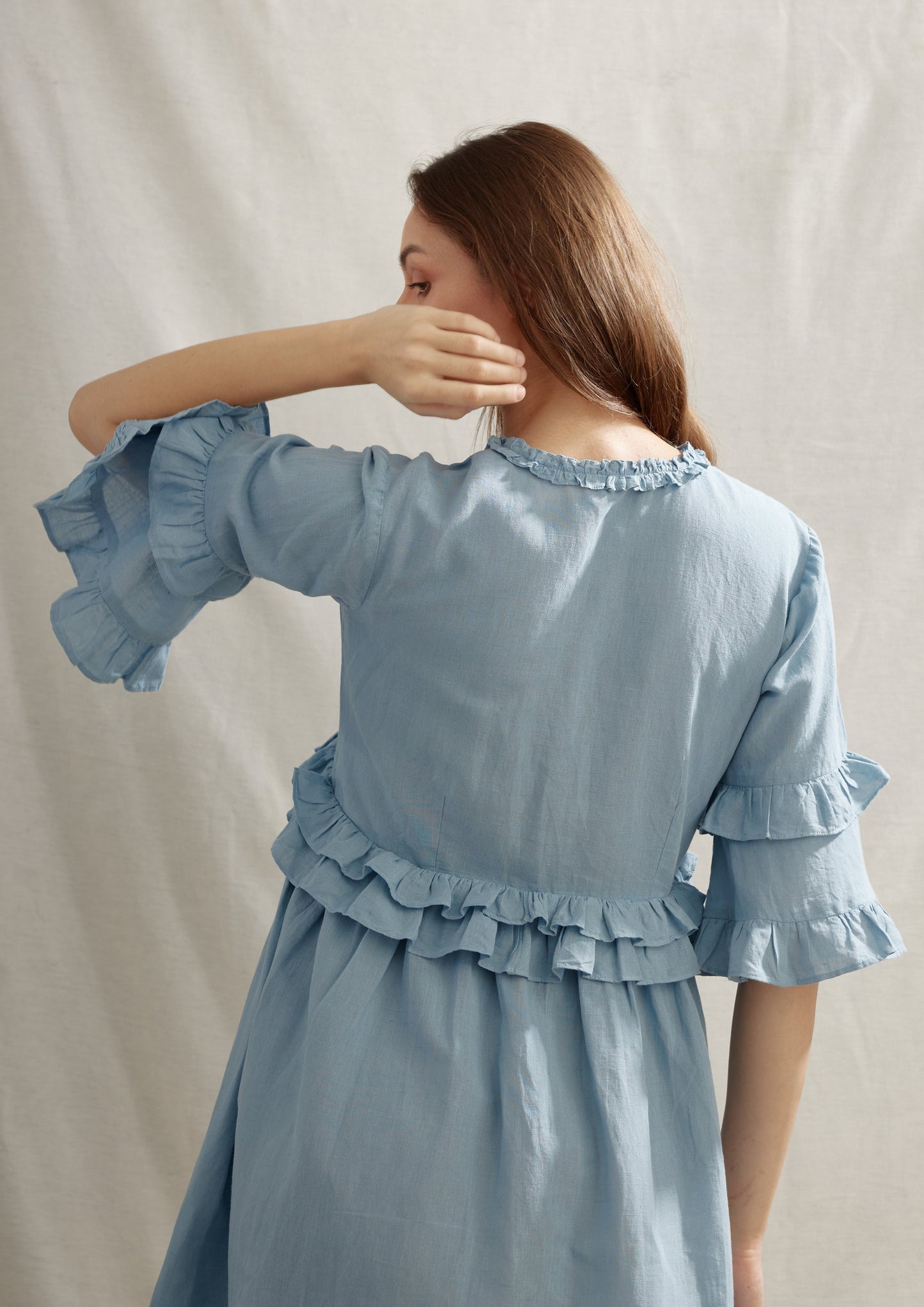 Cape Roushed Linen Dress