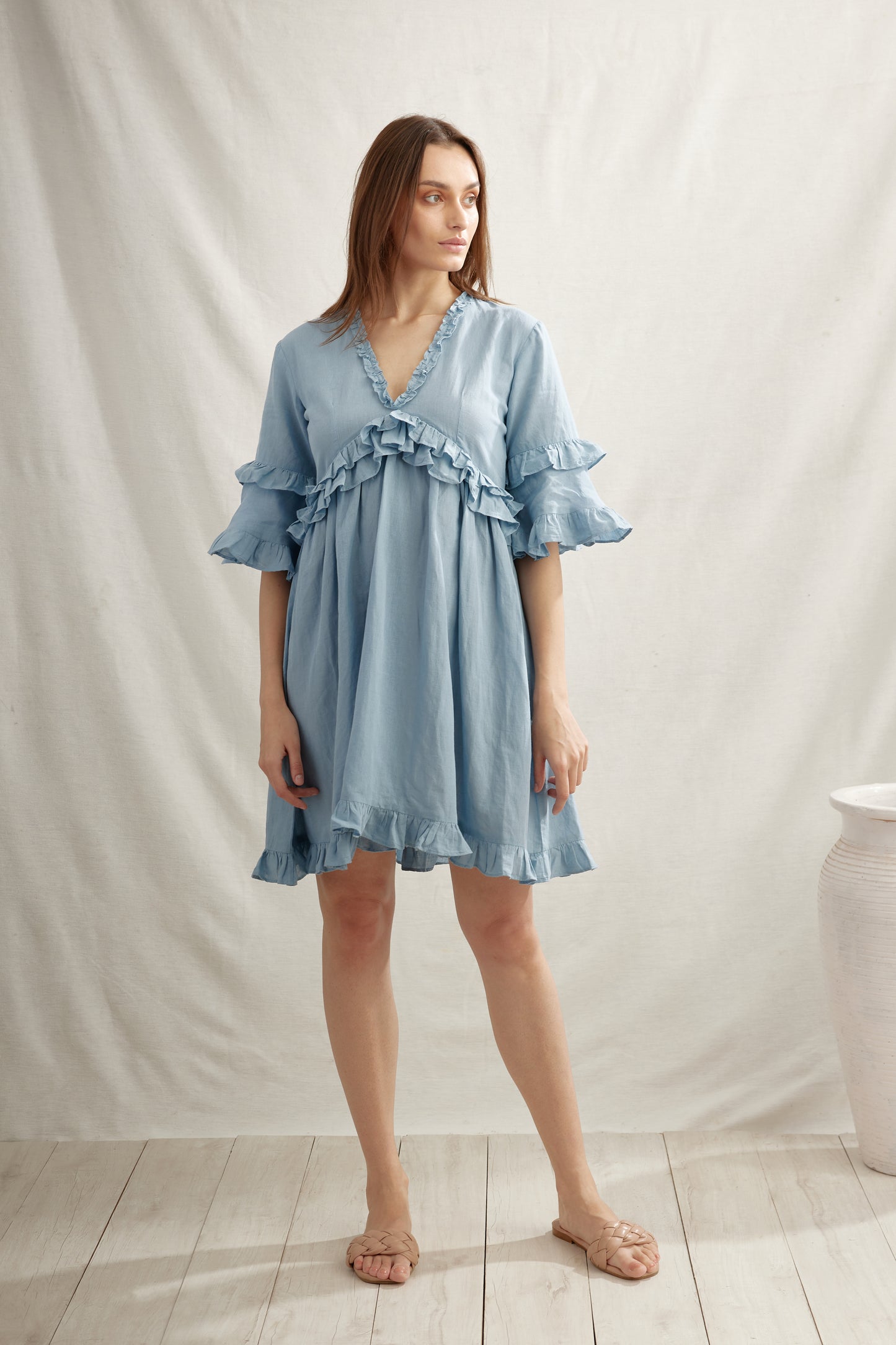 Cape Roushed Linen Dress