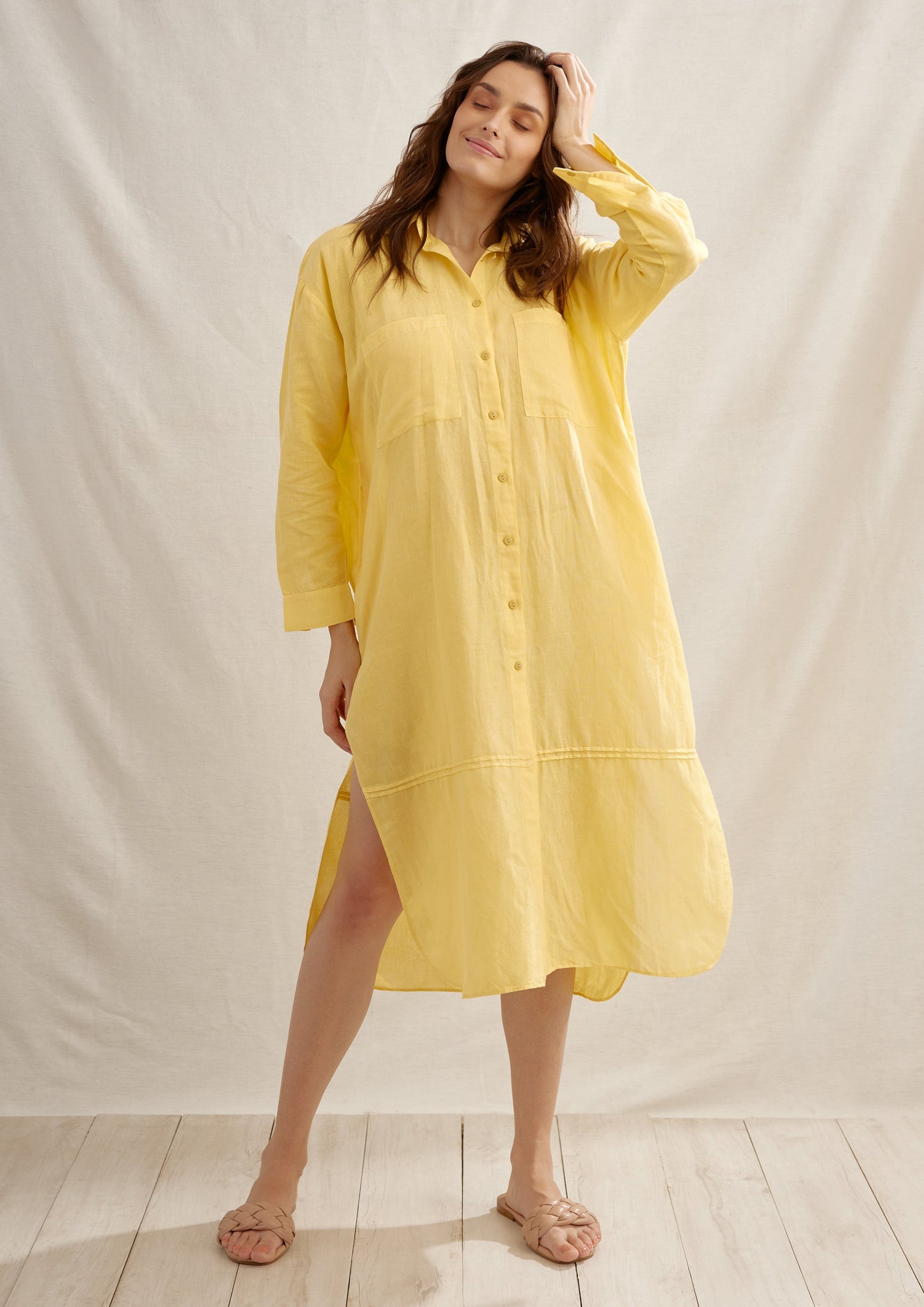Light Linen Pleated Shirt Dress