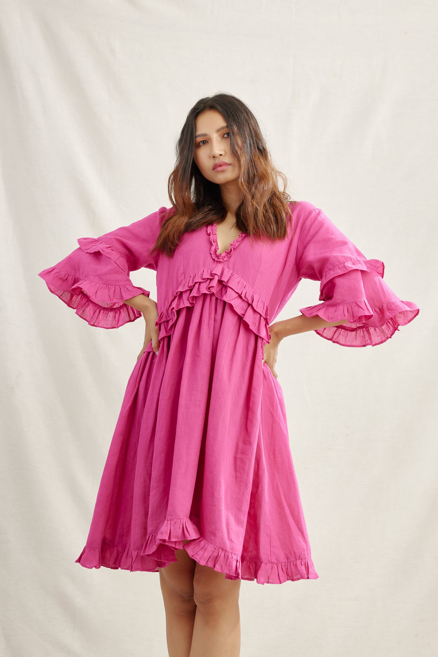 Cape Roushed Linen Dress