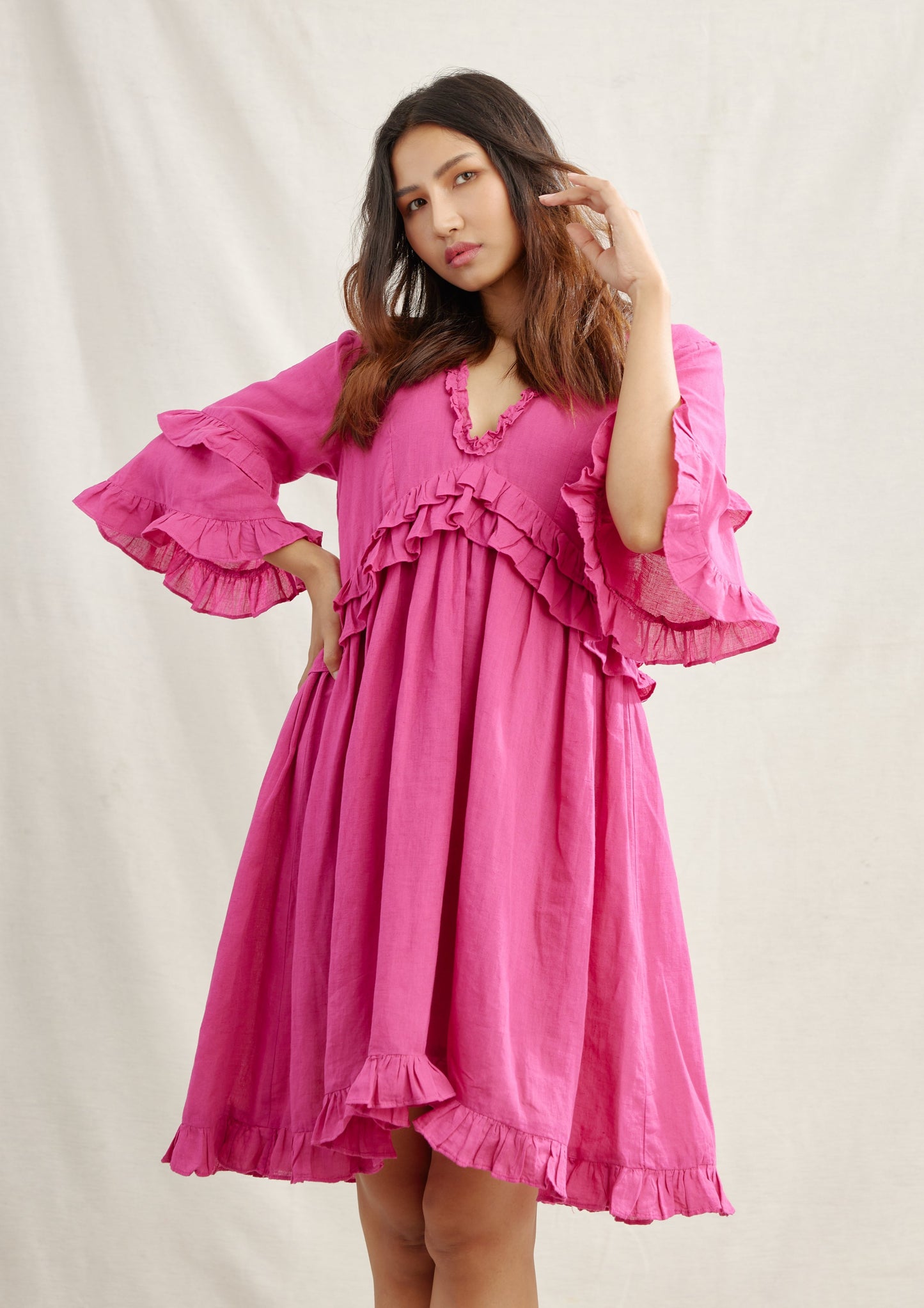 Cape Roushed Linen Dress