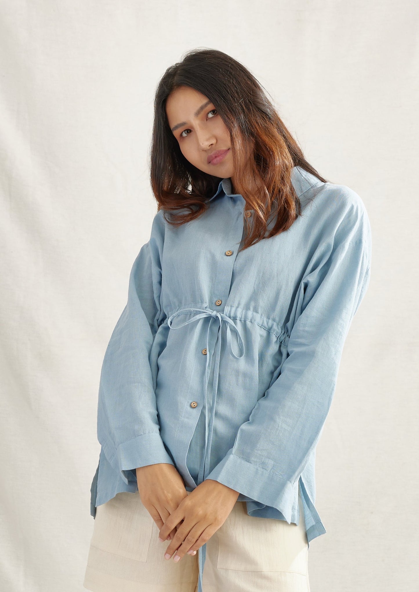 Ladder Drawstring Linen Shirt Top