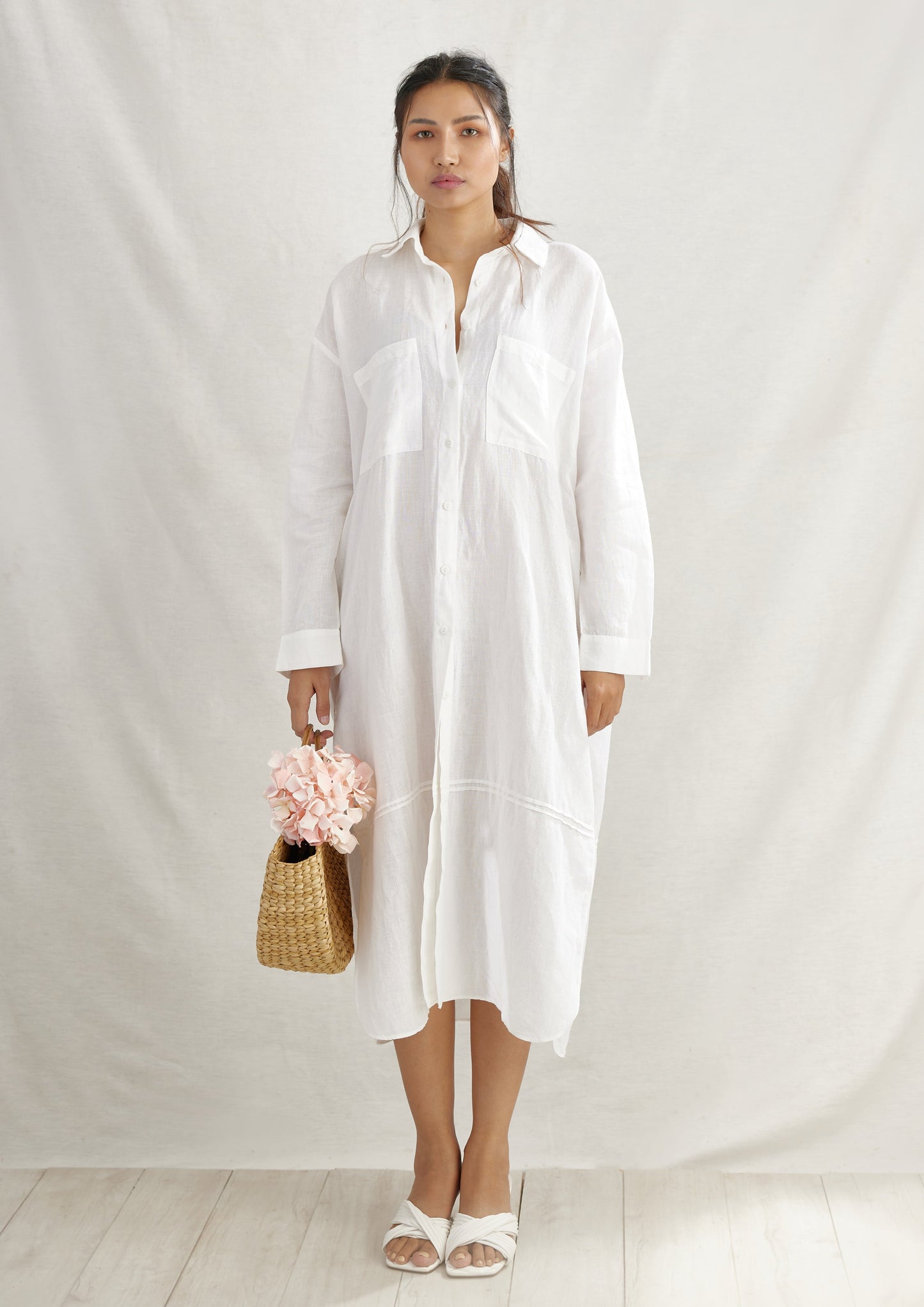 Light Linen Pleated Shirt Dress