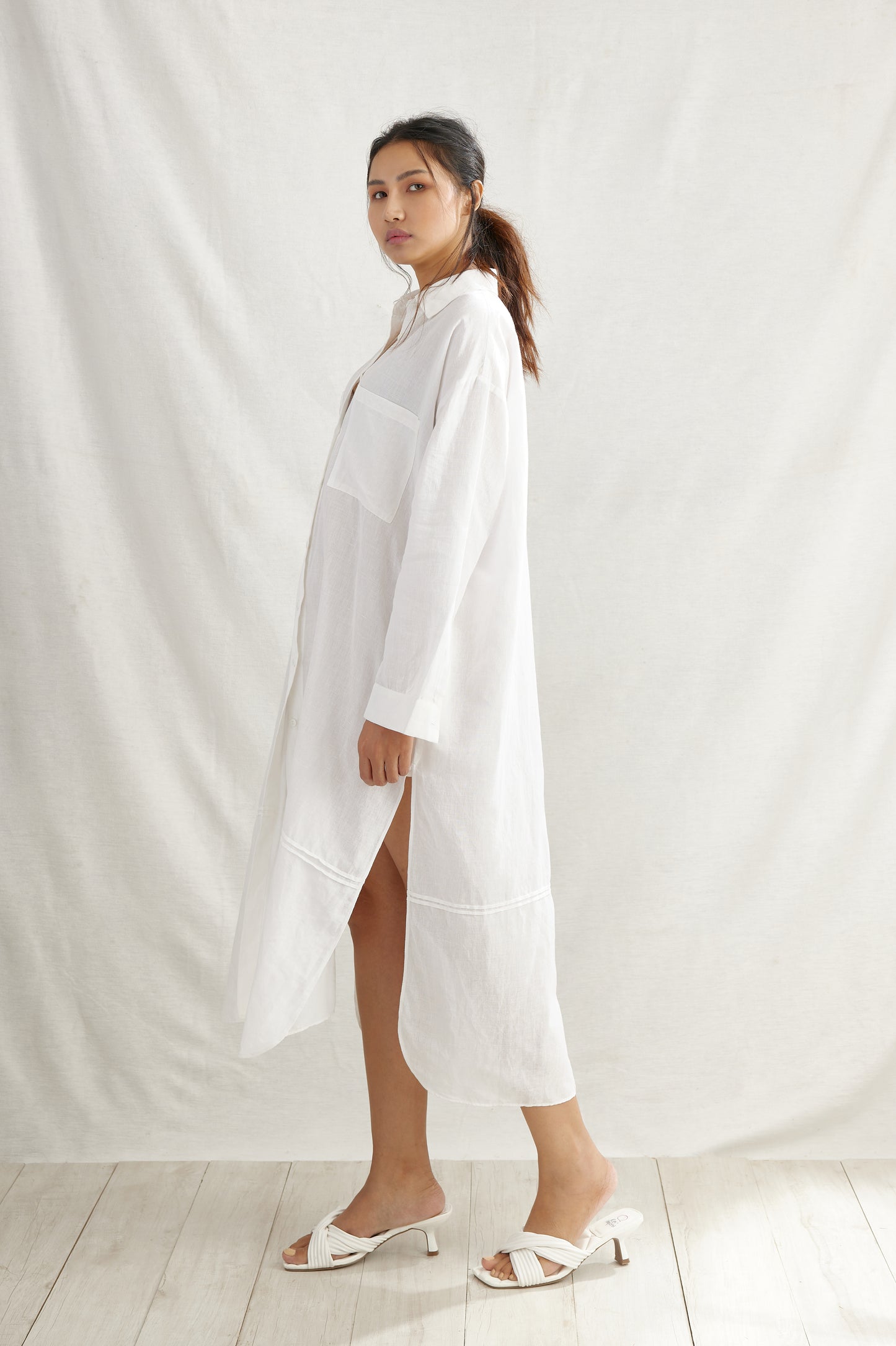 Light Linen Pleated Shirt Dress