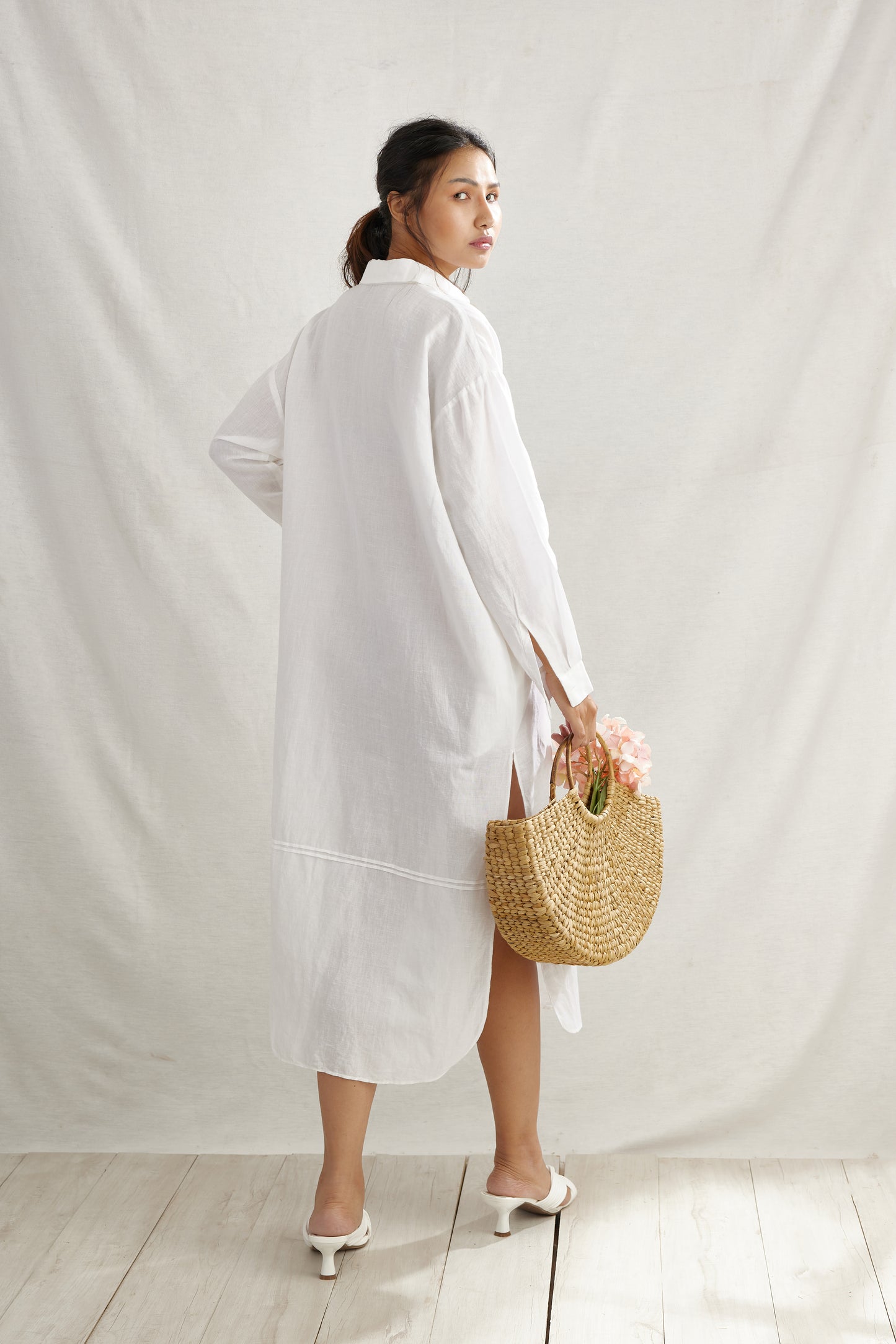 Light Linen Pleated Shirt Dress