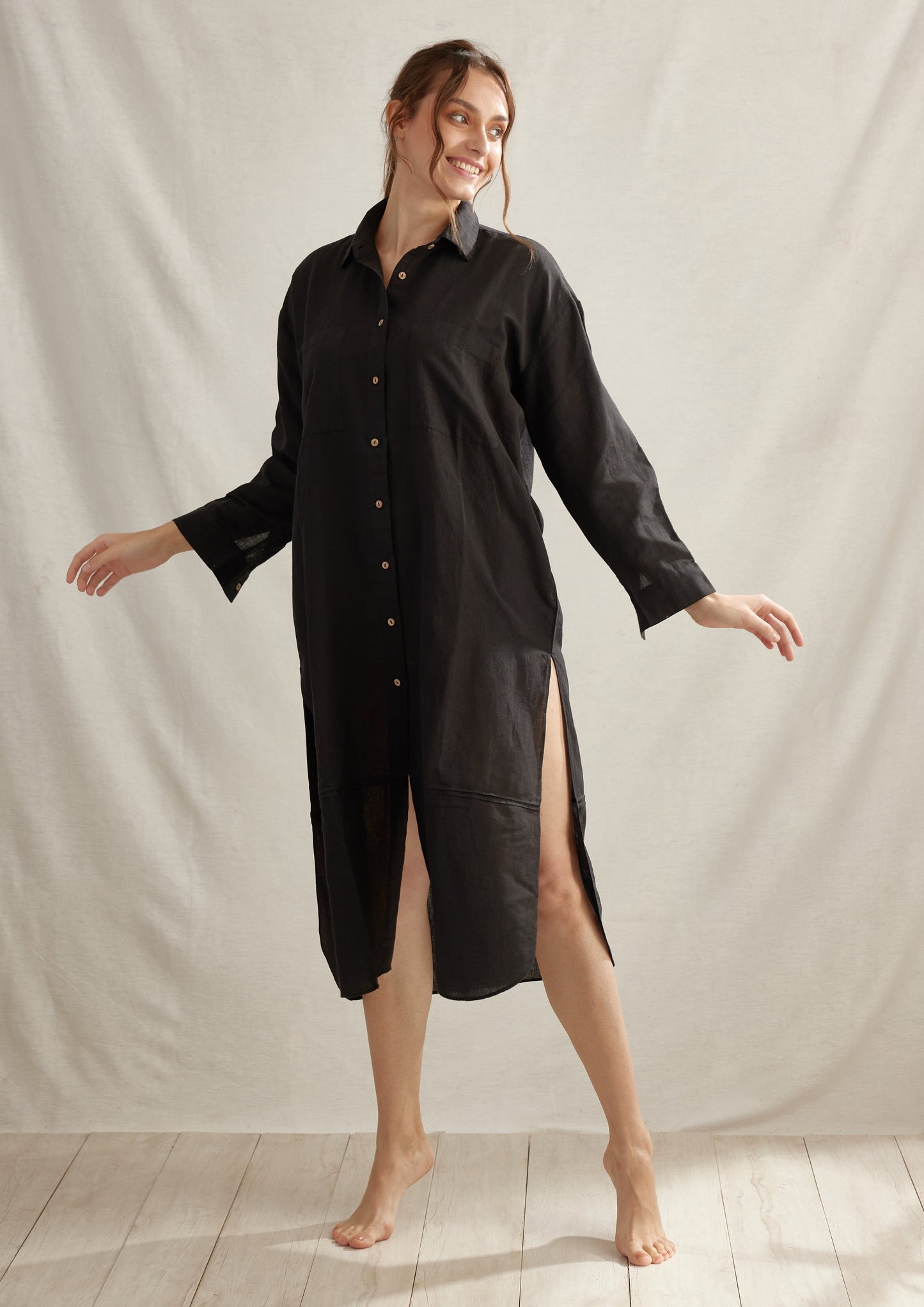 Light Linen Pleated Shirt Dress