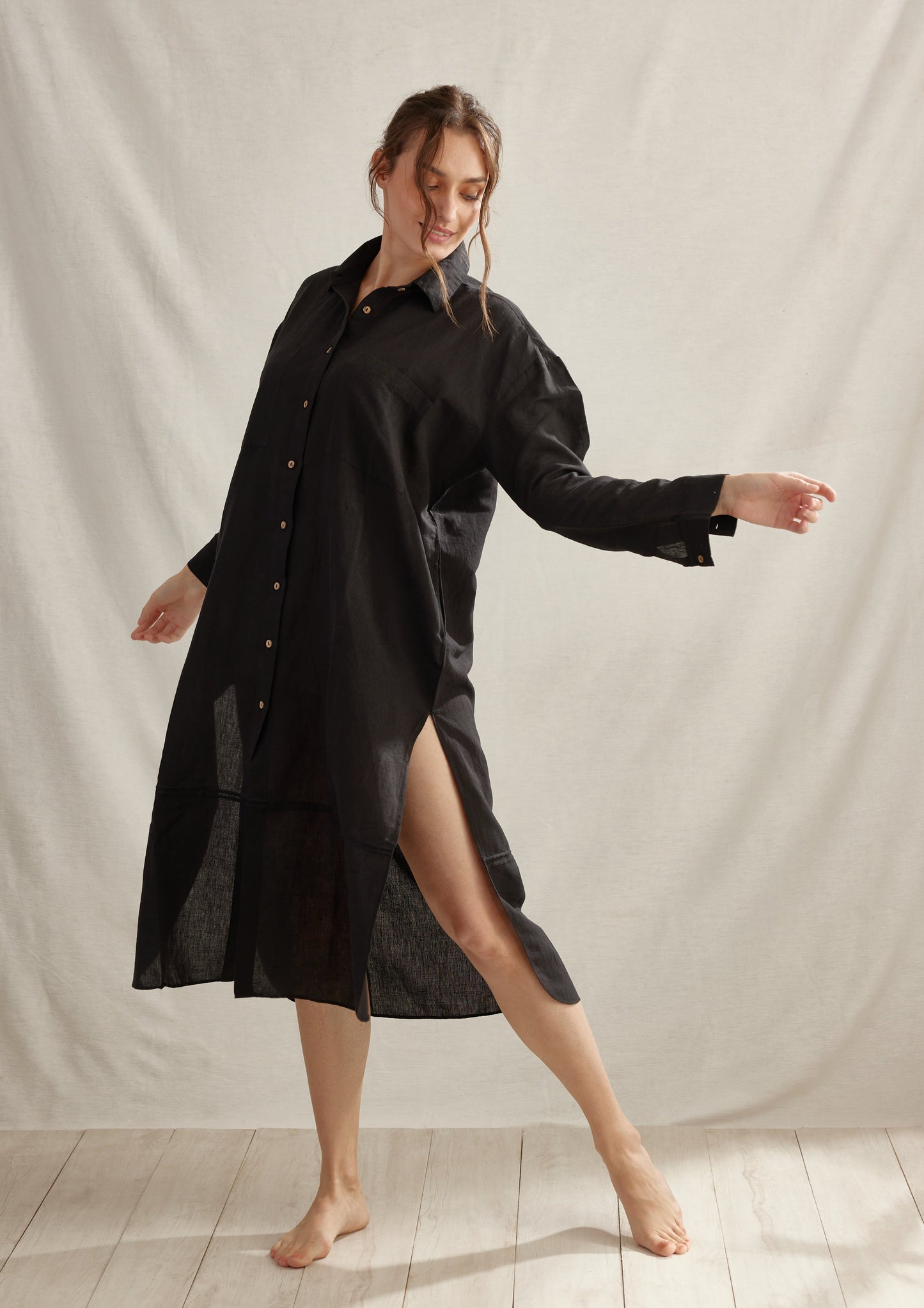 Light Linen Pleated Shirt Dress