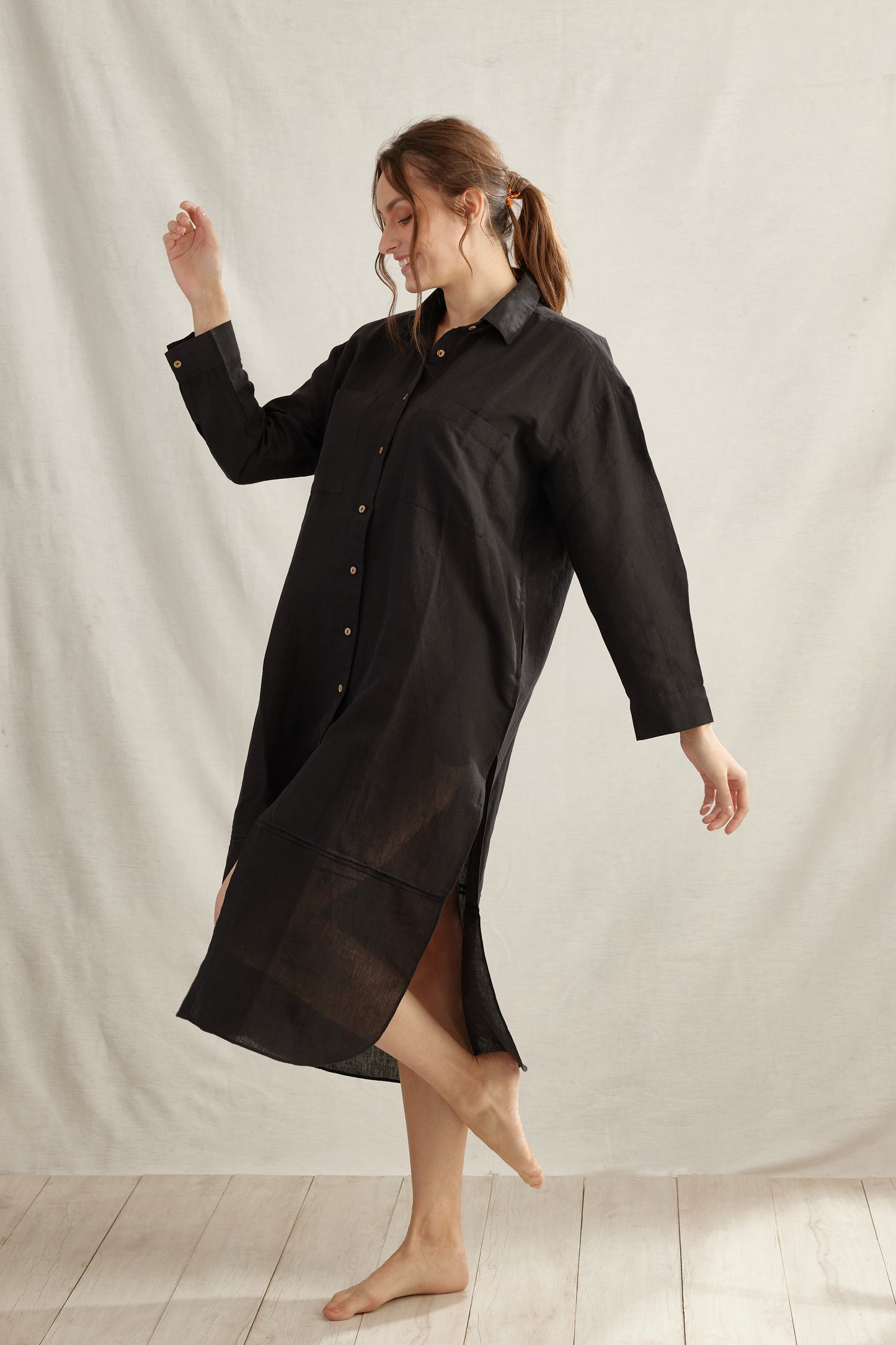 Light Linen Pleated Shirt Dress