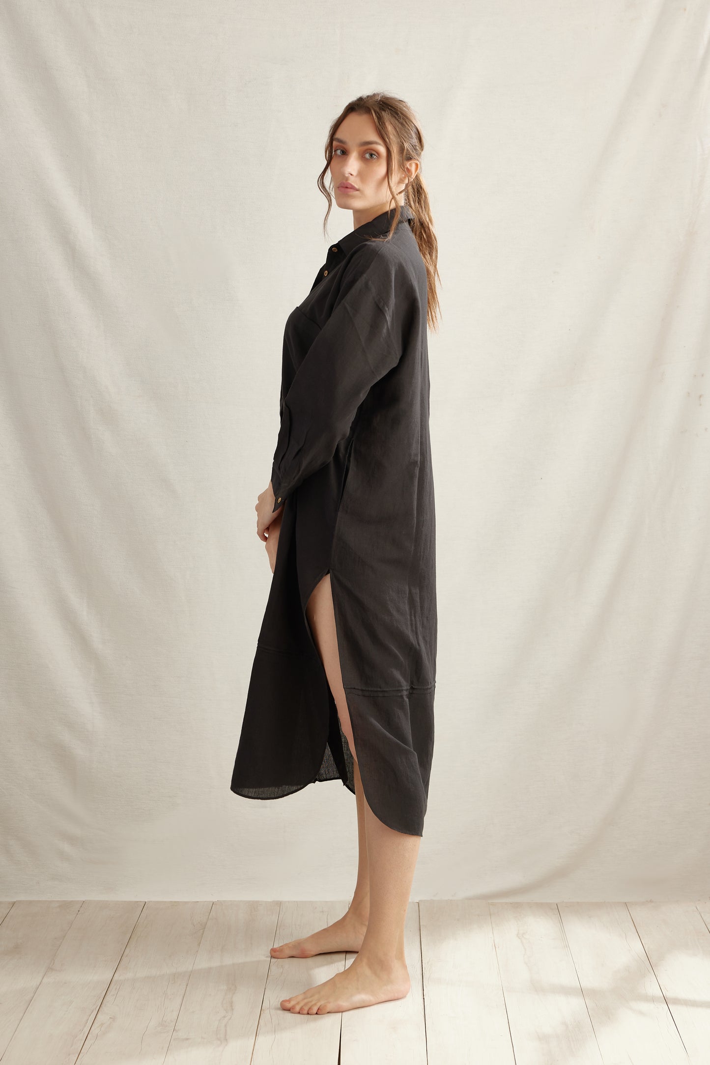 Light Linen Pleated Shirt Dress