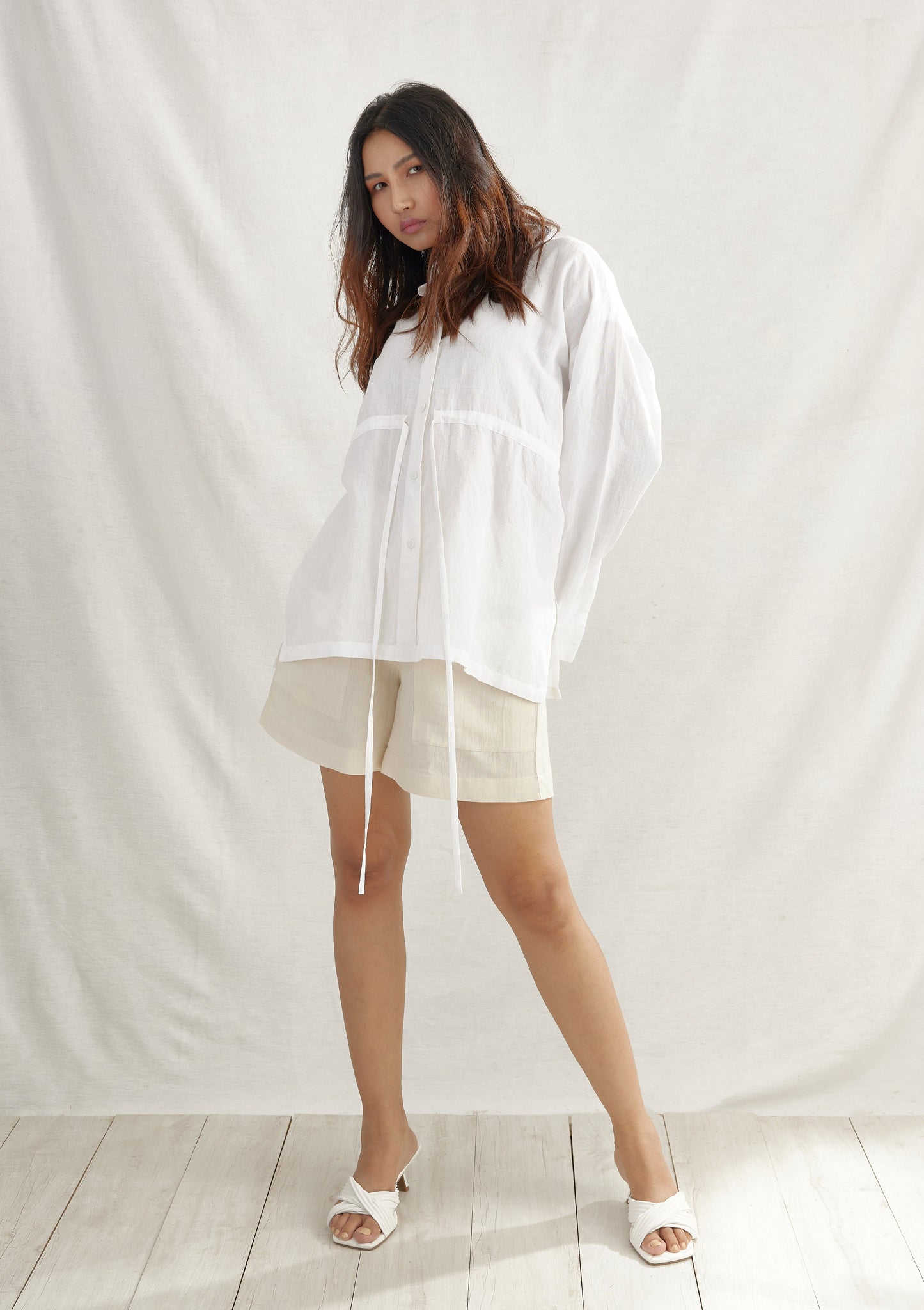 Ladder Drawstring Linen Shirt Top