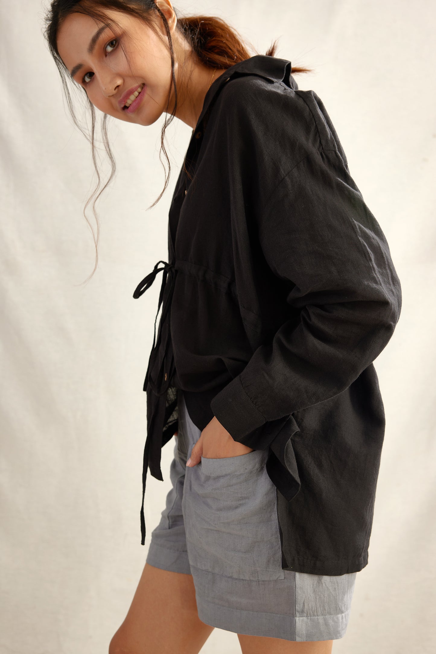 Ladder Drawstring Linen Shirt Top