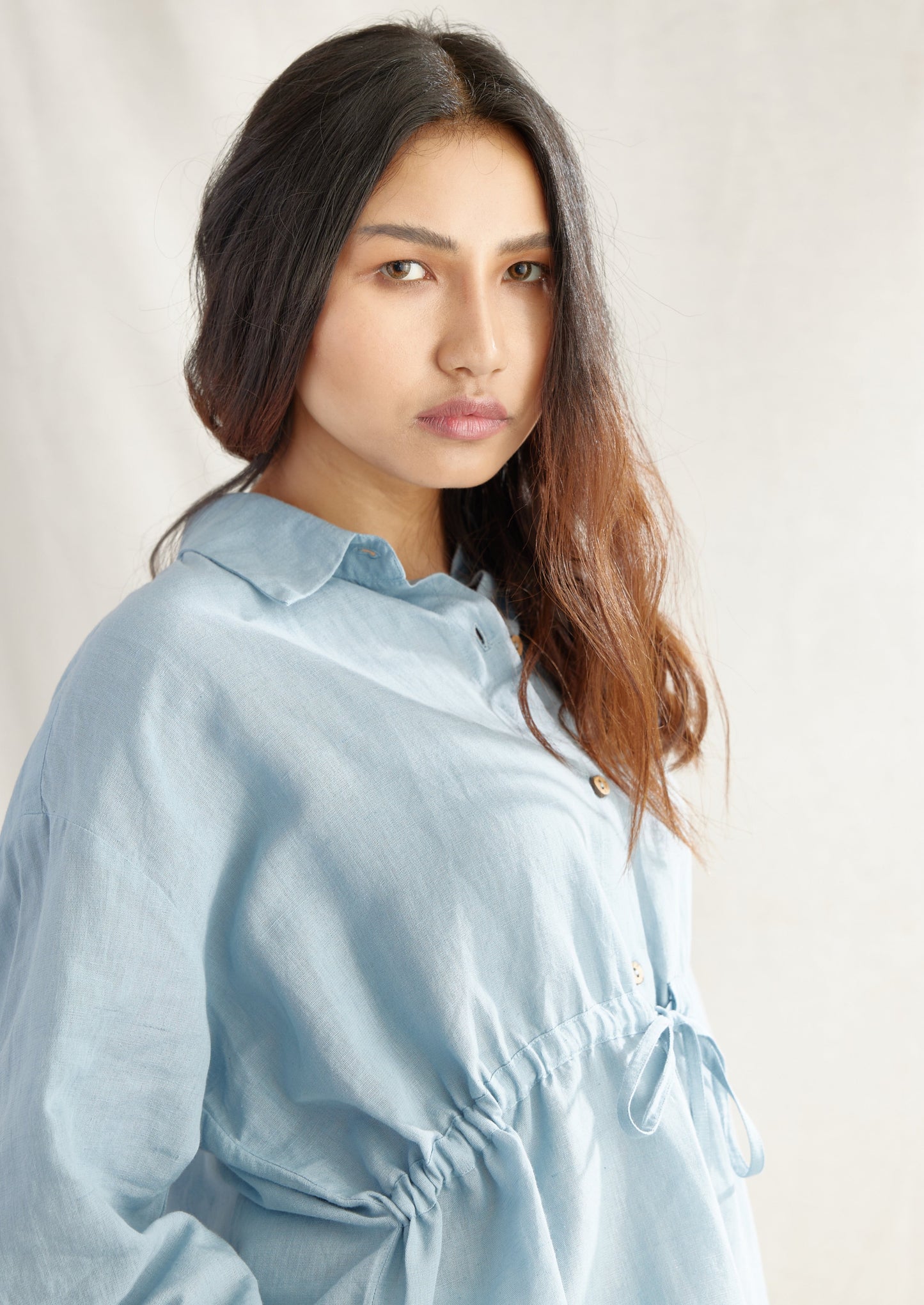 Ladder Drawstring Linen Shirt Top