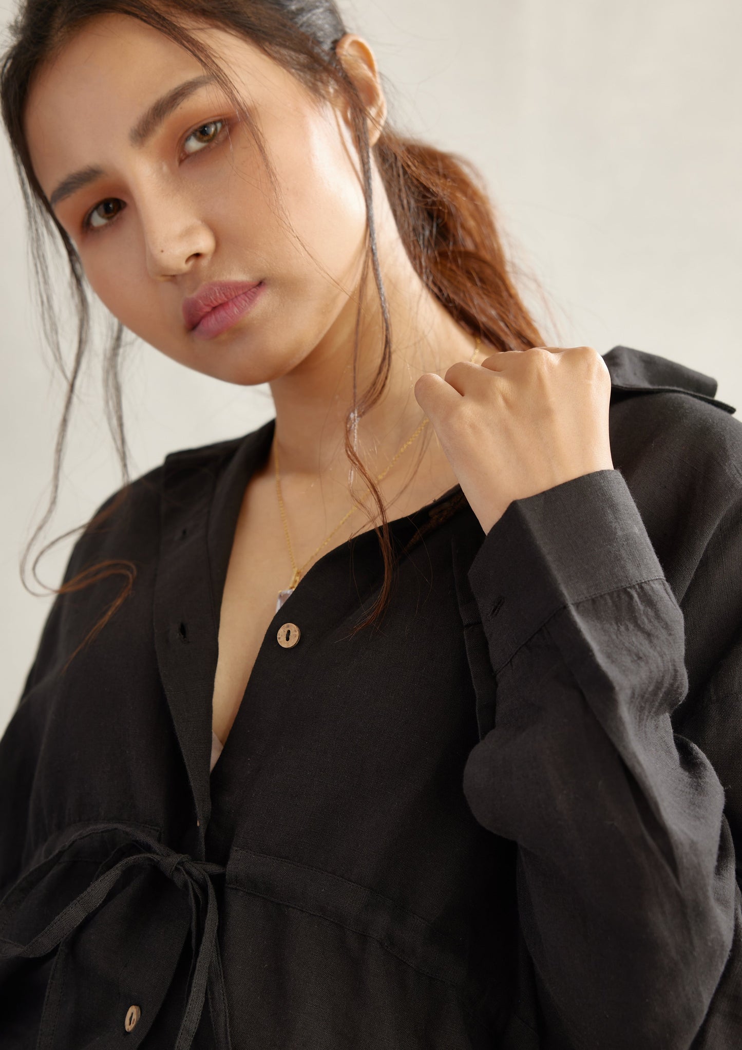 Ladder Drawstring Linen Shirt Top