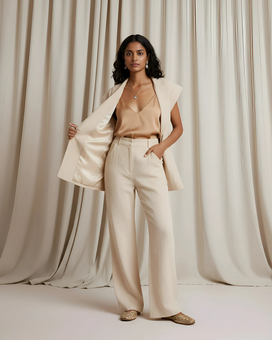 Warm Oat Linen Sleeveless Tailored Two-Piece