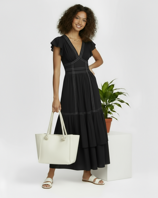 The "Siena" Contrast-Stitch Tiered Maxi Dress