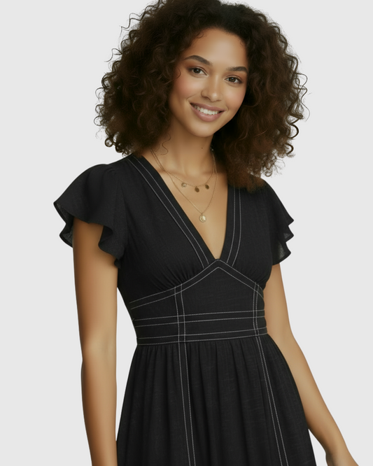 The "Siena" Contrast-Stitch Tiered Maxi Dress
