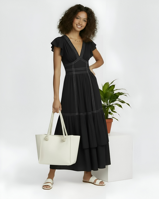 The "Siena" Contrast-Stitch Tiered Maxi Dress