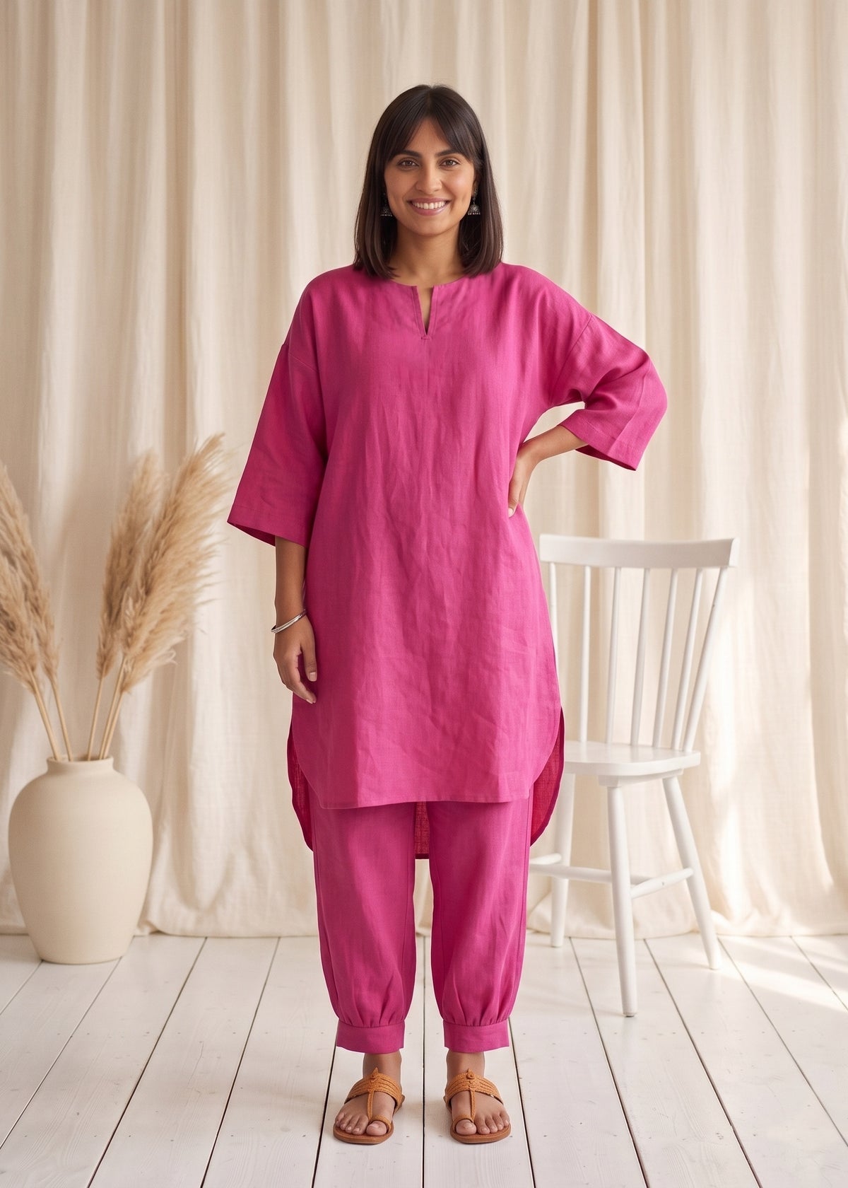 Drift Kurta Co-ord Set in Cerise Pink by Jamies, front view with keyhole neck and high-low hem