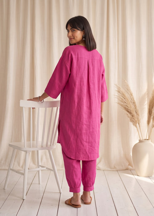 Drift Kurta Co-ord Set in Cerise Pink by Jamies, back view with yoke and box pleat