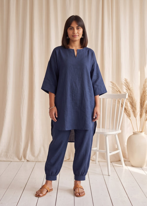 Drift Kurta Co-ord Set in Denim Blue by Jamies, front view with keyhole neck and high-low hem