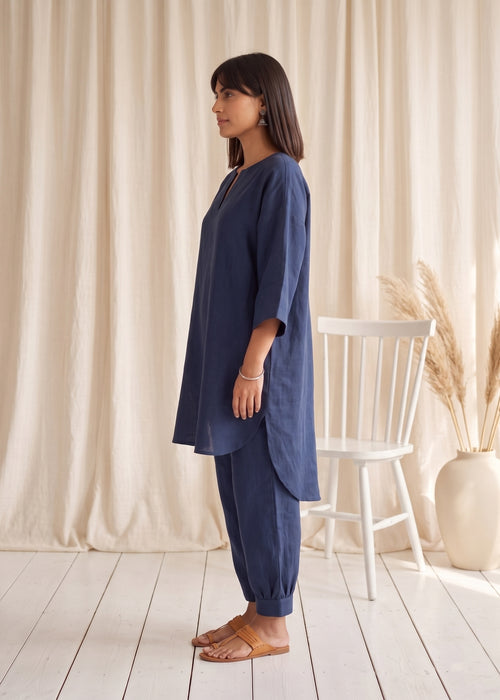 Drift Kurta Co-ord Set in Denim Blue by Jamies, side profile showing the high-low curved hem
