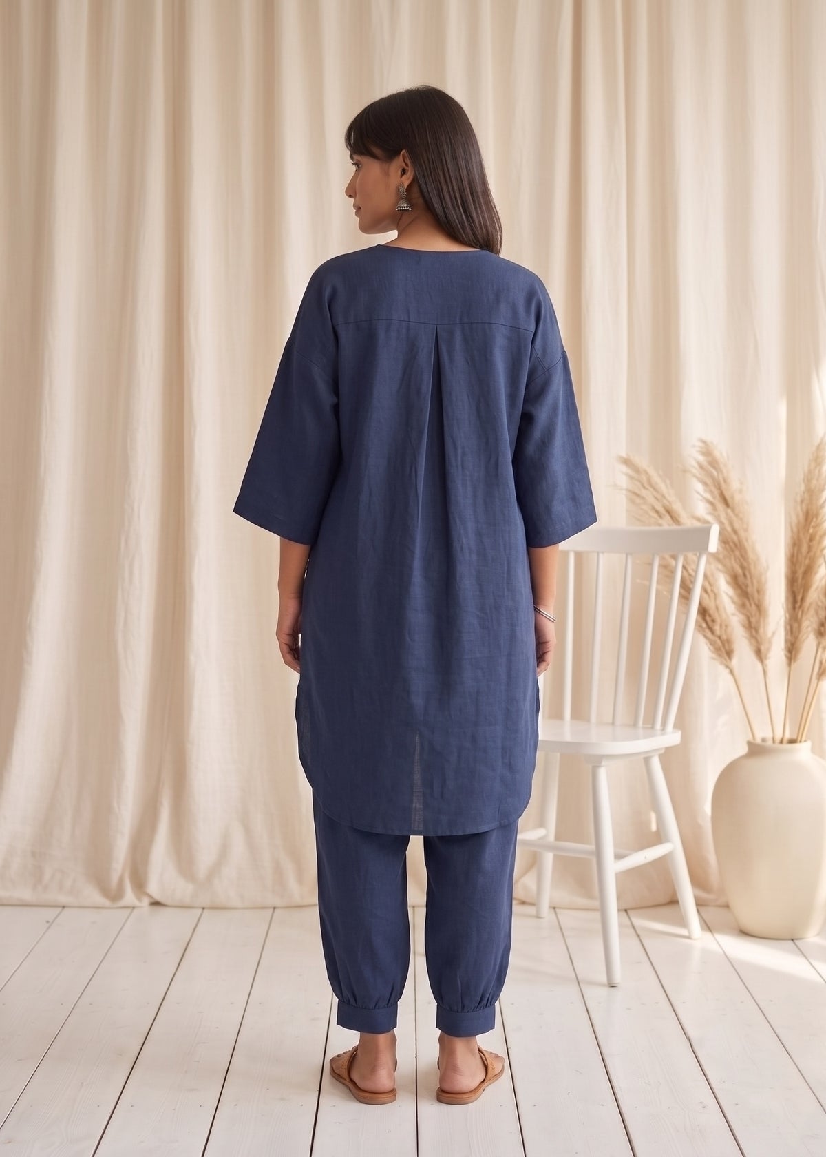 Drift Kurta Co-ord Set in Denim Blue by Jamies, back view with yoke and box pleat