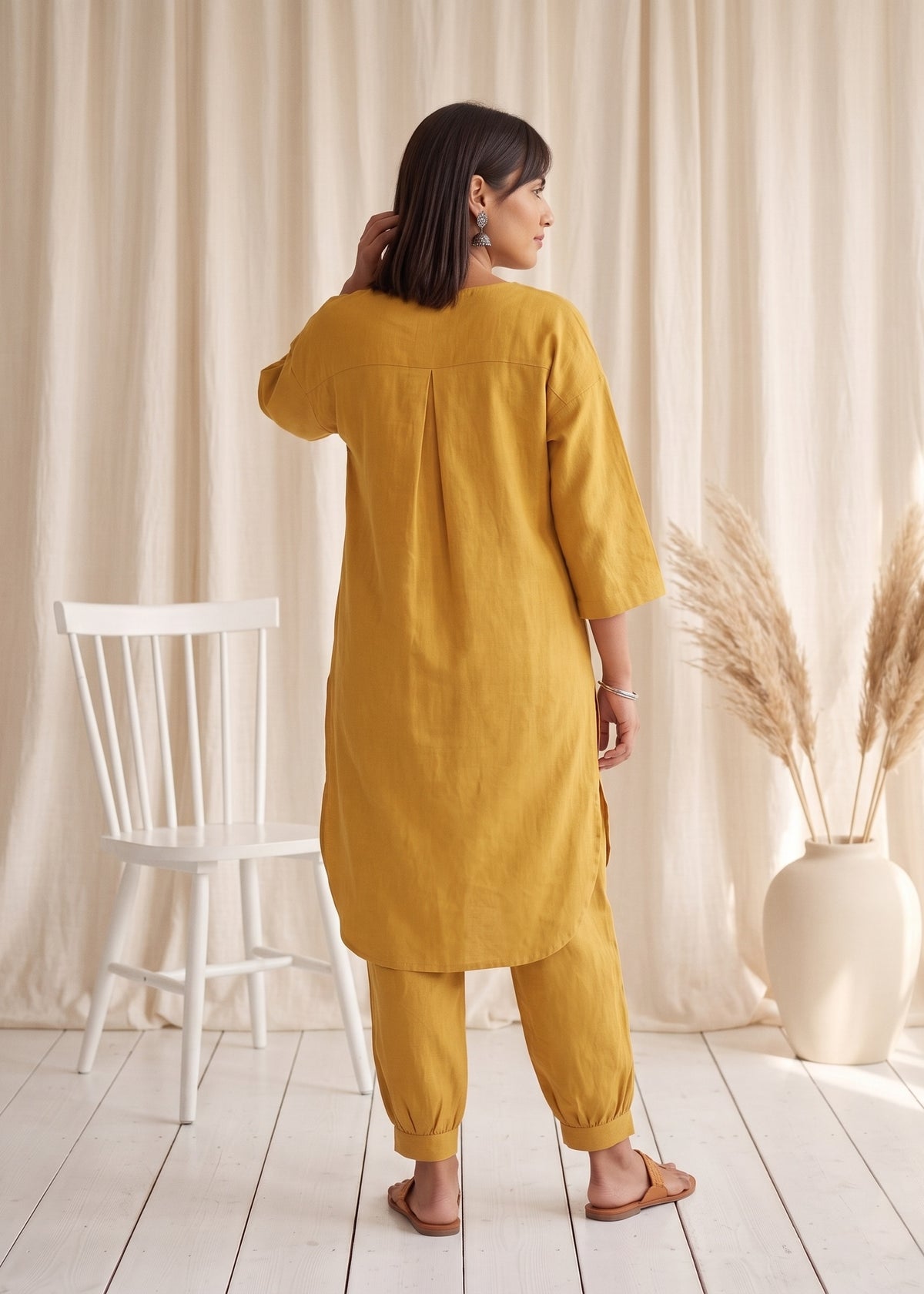 Drift Kurta Co-ord Set in Mustard by Jamies, back view with yoke and box pleat