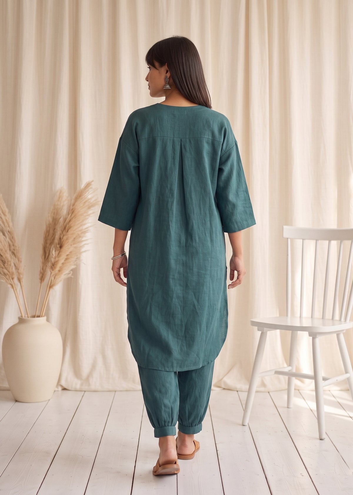 Drift Kurta Co-ord Set in Ocean Green by Jamies, back view with yoke and box pleat