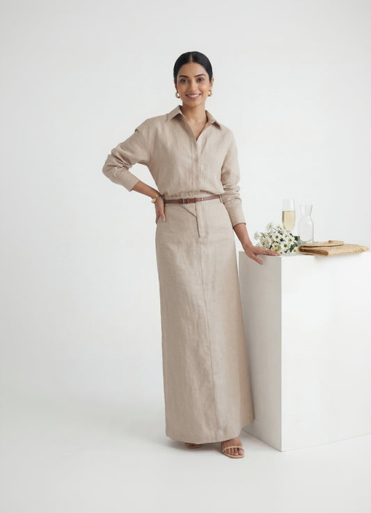 Woman wearing a beige shirt and long skirt standing next to a white table with a candle and flowers.