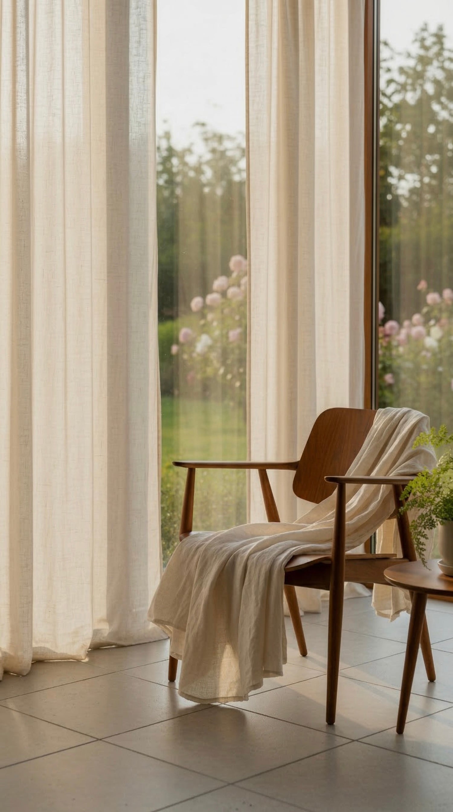 Wooden chair with a blanket draped over it in a room with large windows and curtains.
