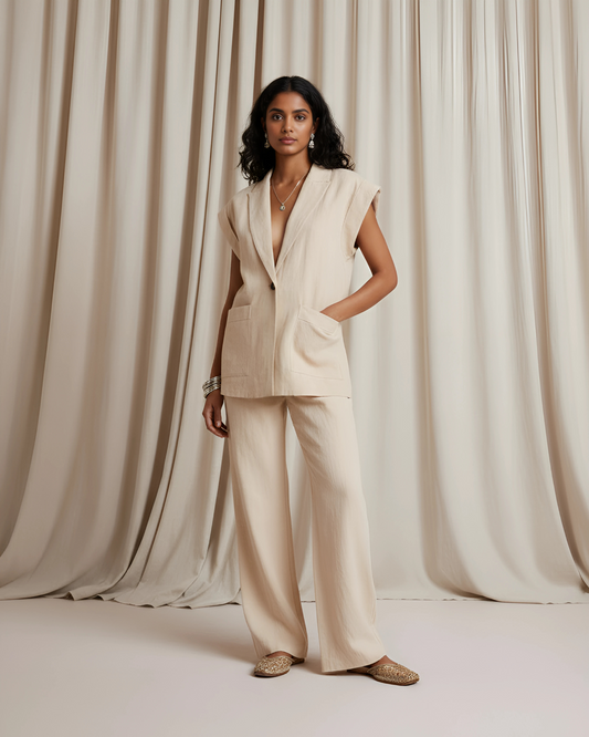 Warm Oat Linen Sleeveless Tailored Two-Piece