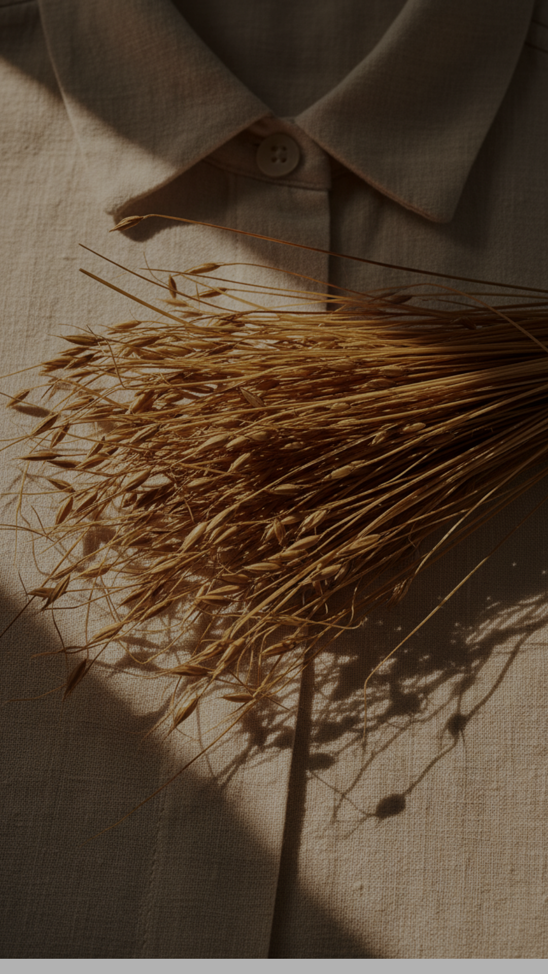 Bunch of dried wheat grass on a textured beige garment