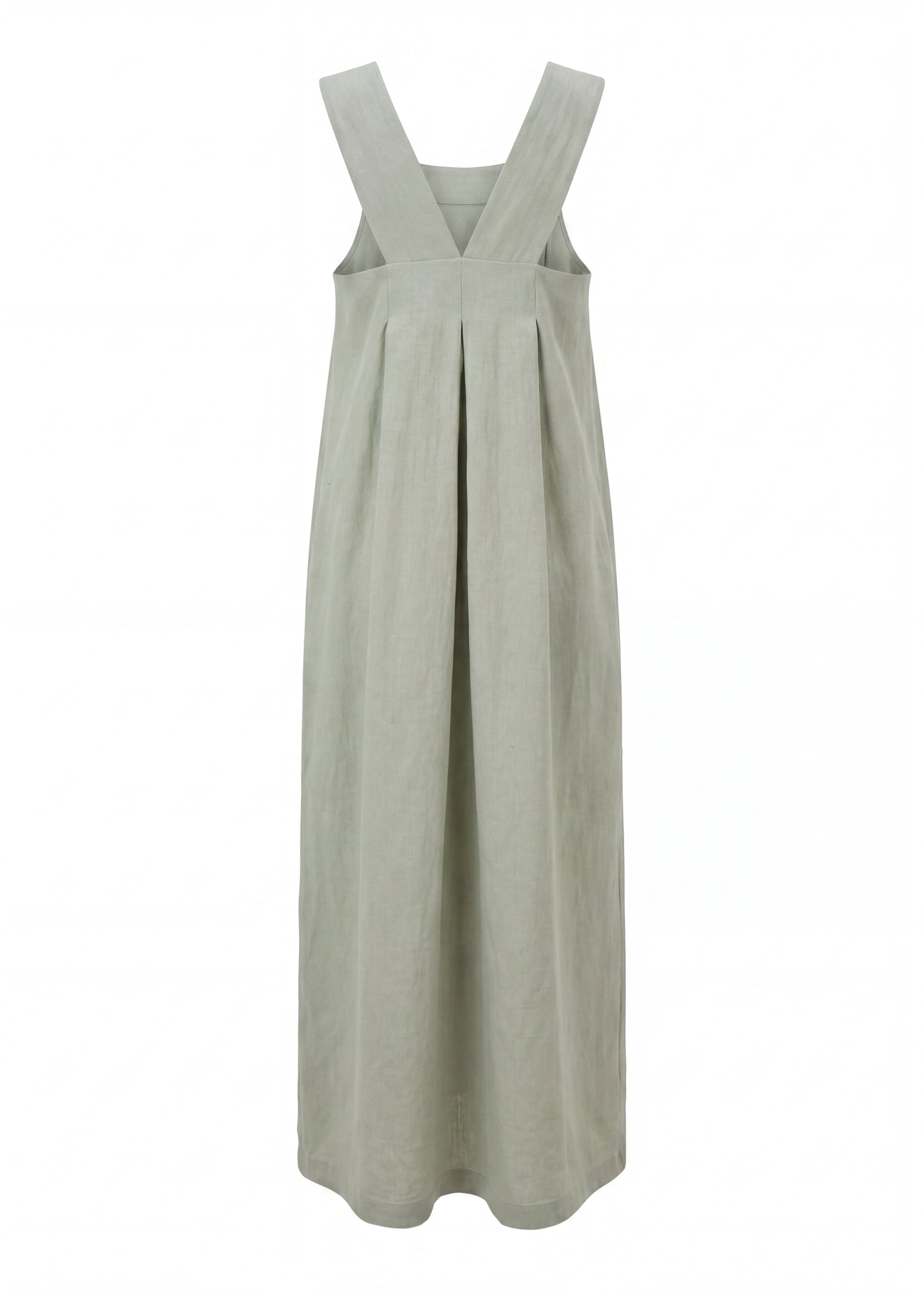 Long sage green dress with thin straps on a white background