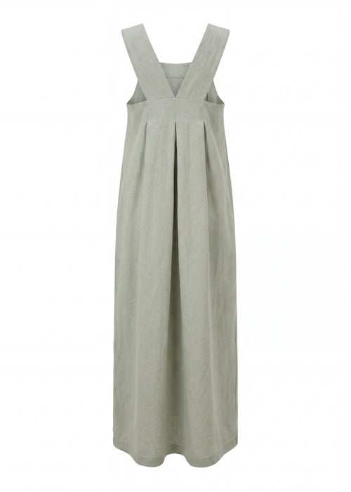 Long sage green dress with thin straps on a white background