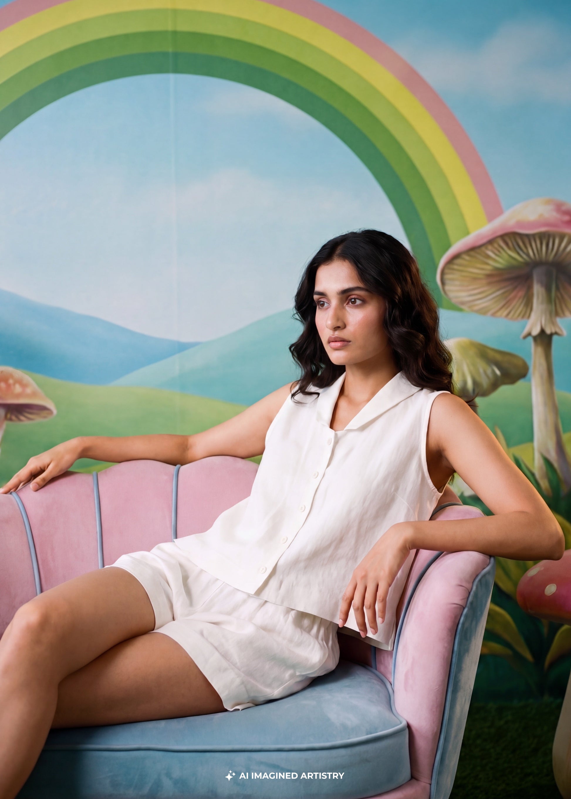 Woman sitting on a pink couch with a colorful mushroom and rainbow background