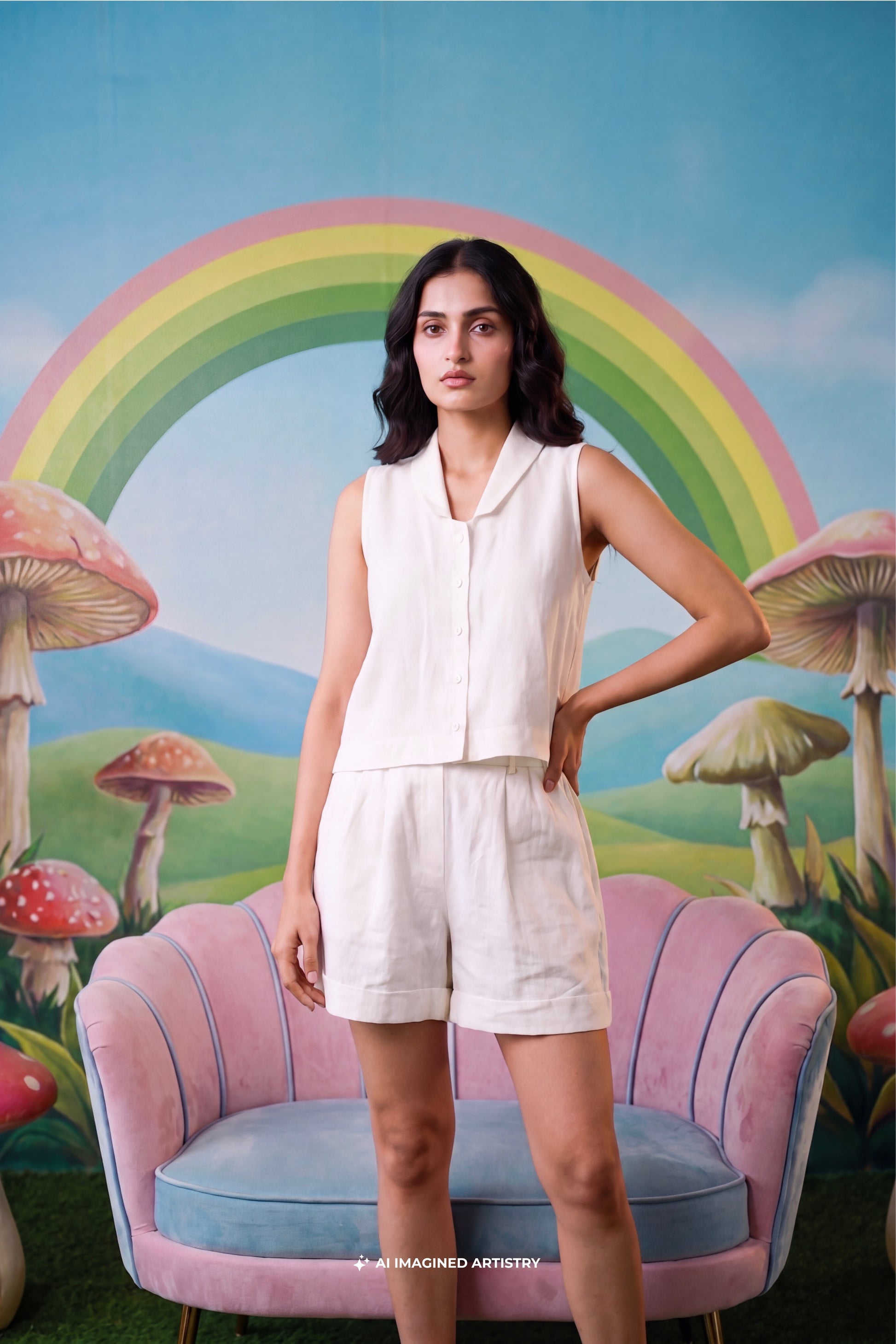 Woman in a white outfit standing in front of a colorful mushroom and rainbow backdrop.