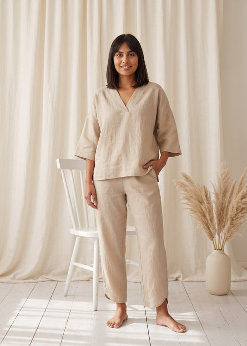 Tide Turn-Around Co-ord Set in Beige by Jamies, front with V-neck
