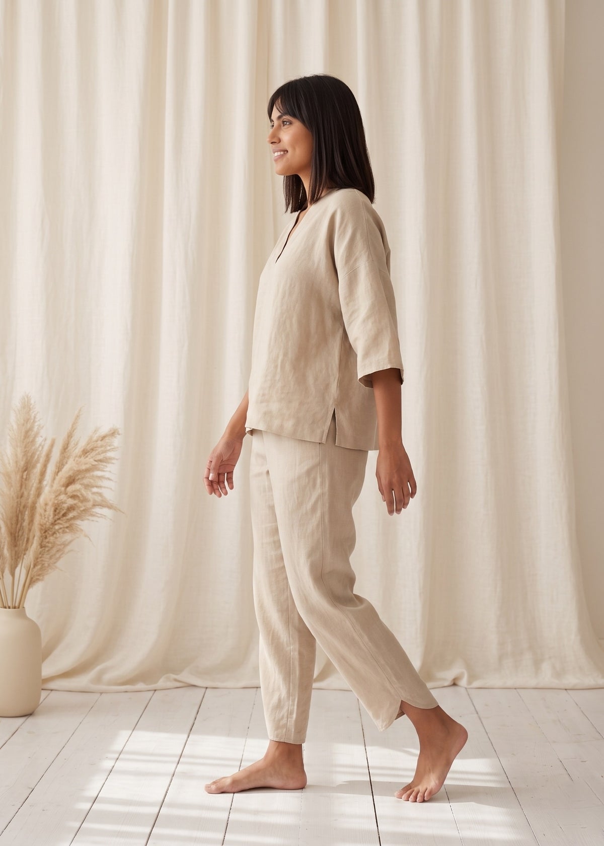 Tide Turn-Around Co-ord Set in Beige by Jamies, side profile with barrel trousers