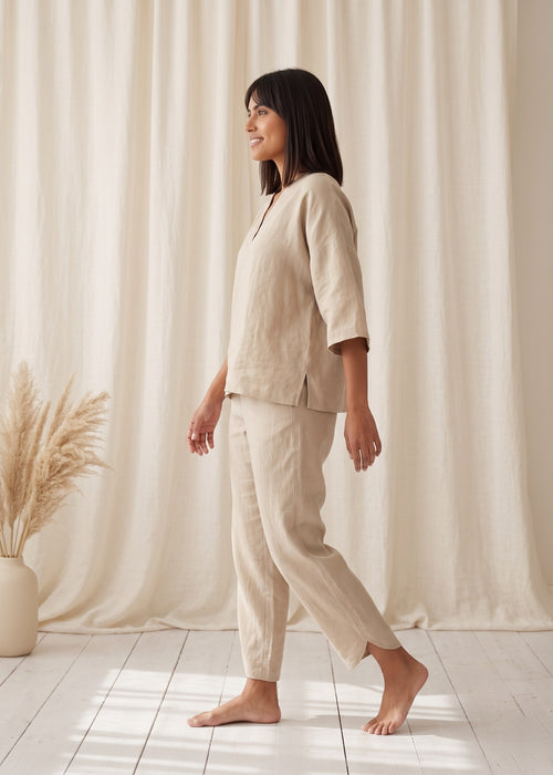Tide Turn-Around Co-ord Set in Beige by Jamies, side profile with barrel trousers