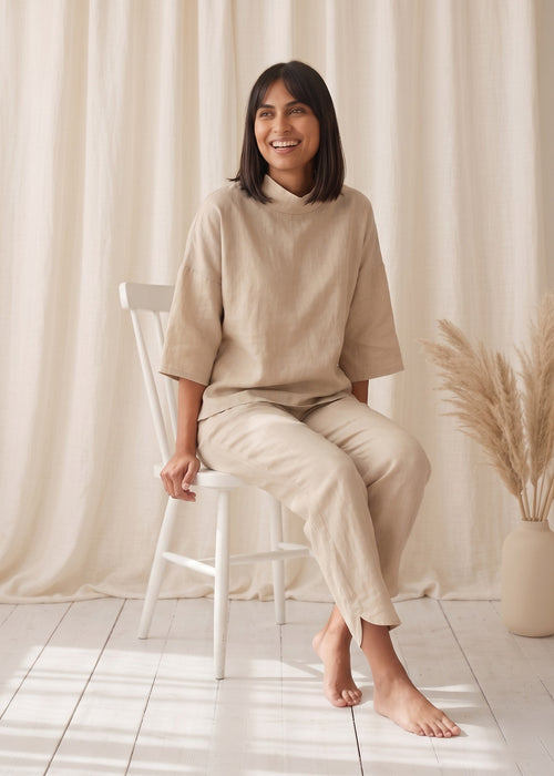 Tide Turn-Around Co-ord Set in Beige by Jamies, top turned around with soft high neck at the front