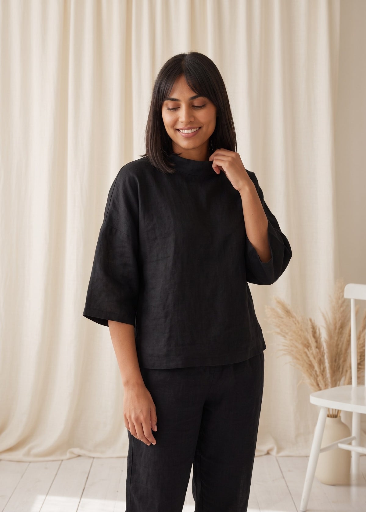 Tide Turn-Around Co-ord Set in Black by Jamies, top turned around with soft high neck at the front