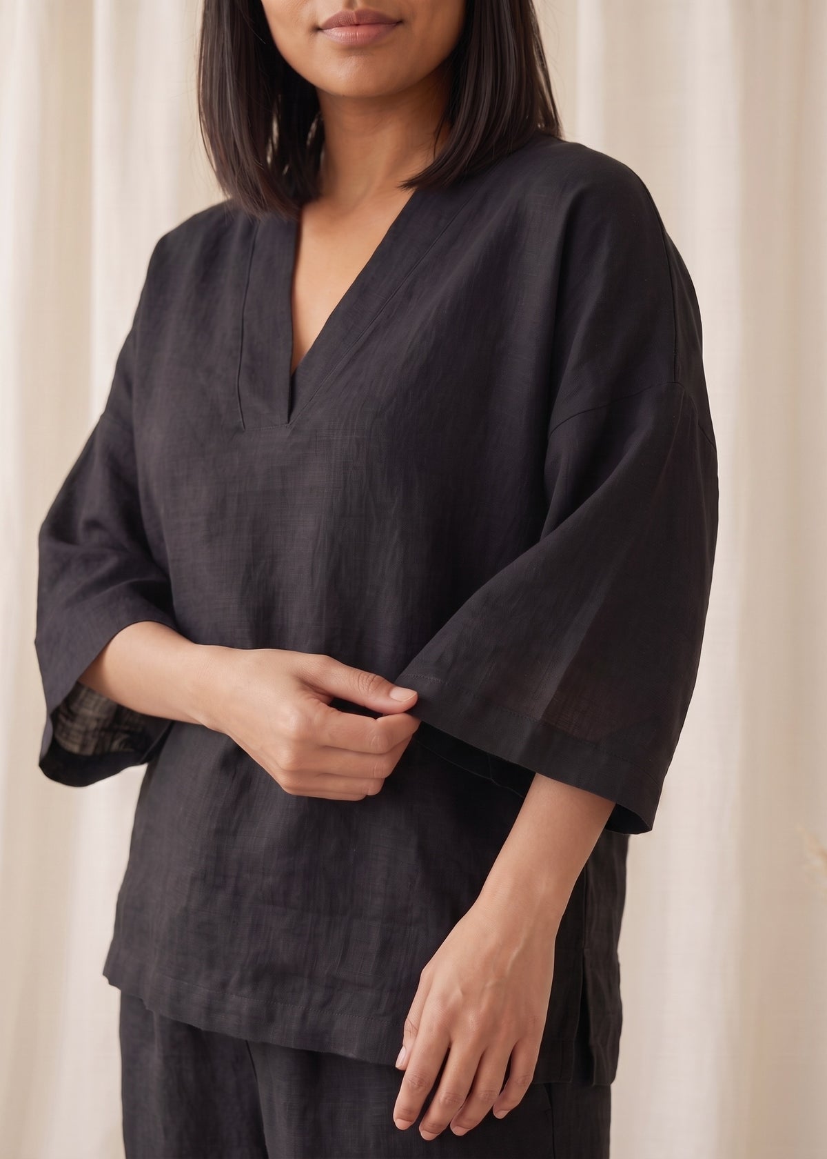 Tide Turn-Around Co-ord Set in Black by Jamies, kimono top neckline and sleeve detail
