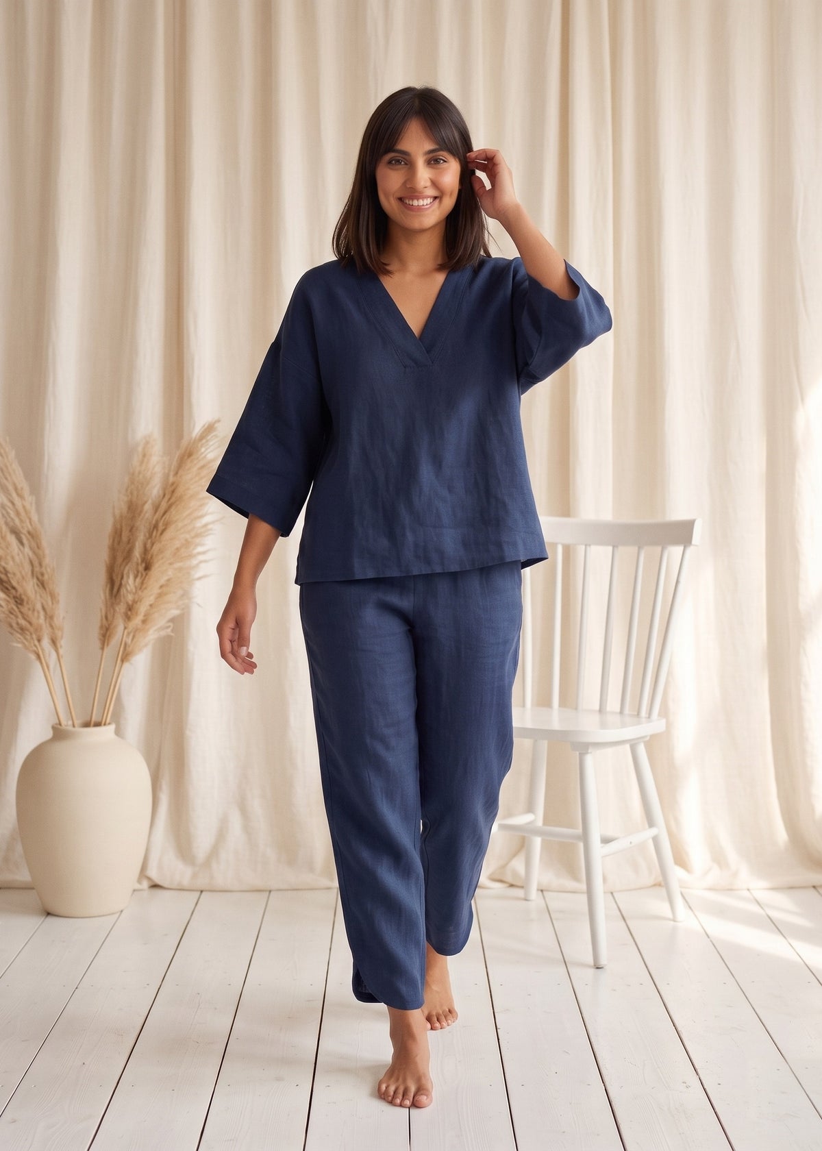 Tide Turn-Around Co-ord Set in Denim Blue by Jamies, front with V-neck
