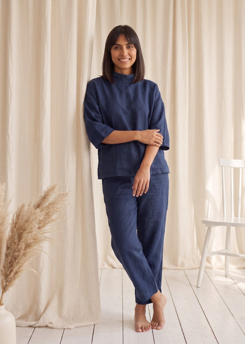 Tide Turn-Around Co-ord Set in Denim Blue by Jamies, top turned around with soft high neck at the front