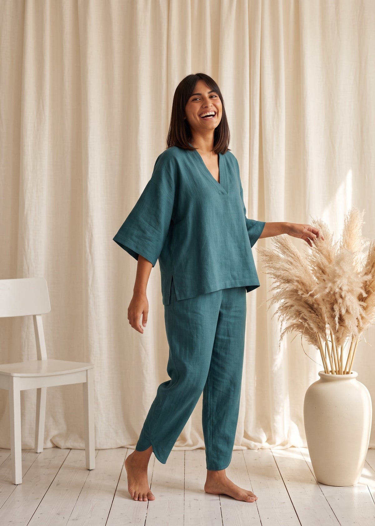 Tide Turn-Around Co-ord Set in Ocean Green by Jamies, front with V-neck