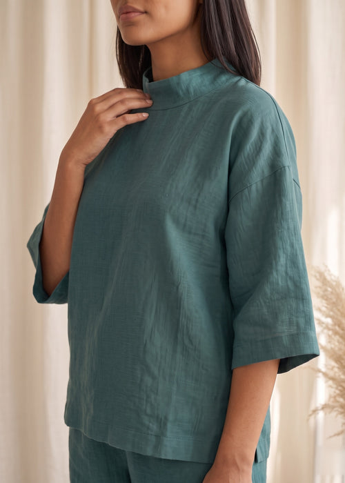 Tide Turn-Around Co-ord Set in Ocean Green by Jamies, soft high neck and sleeve detail