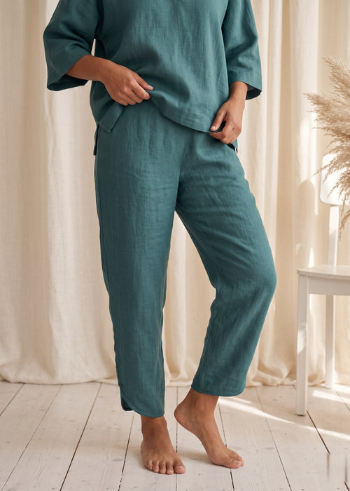 Tide Turn-Around Co-ord Set in Ocean Green by Jamies, flat-front trouser detail
