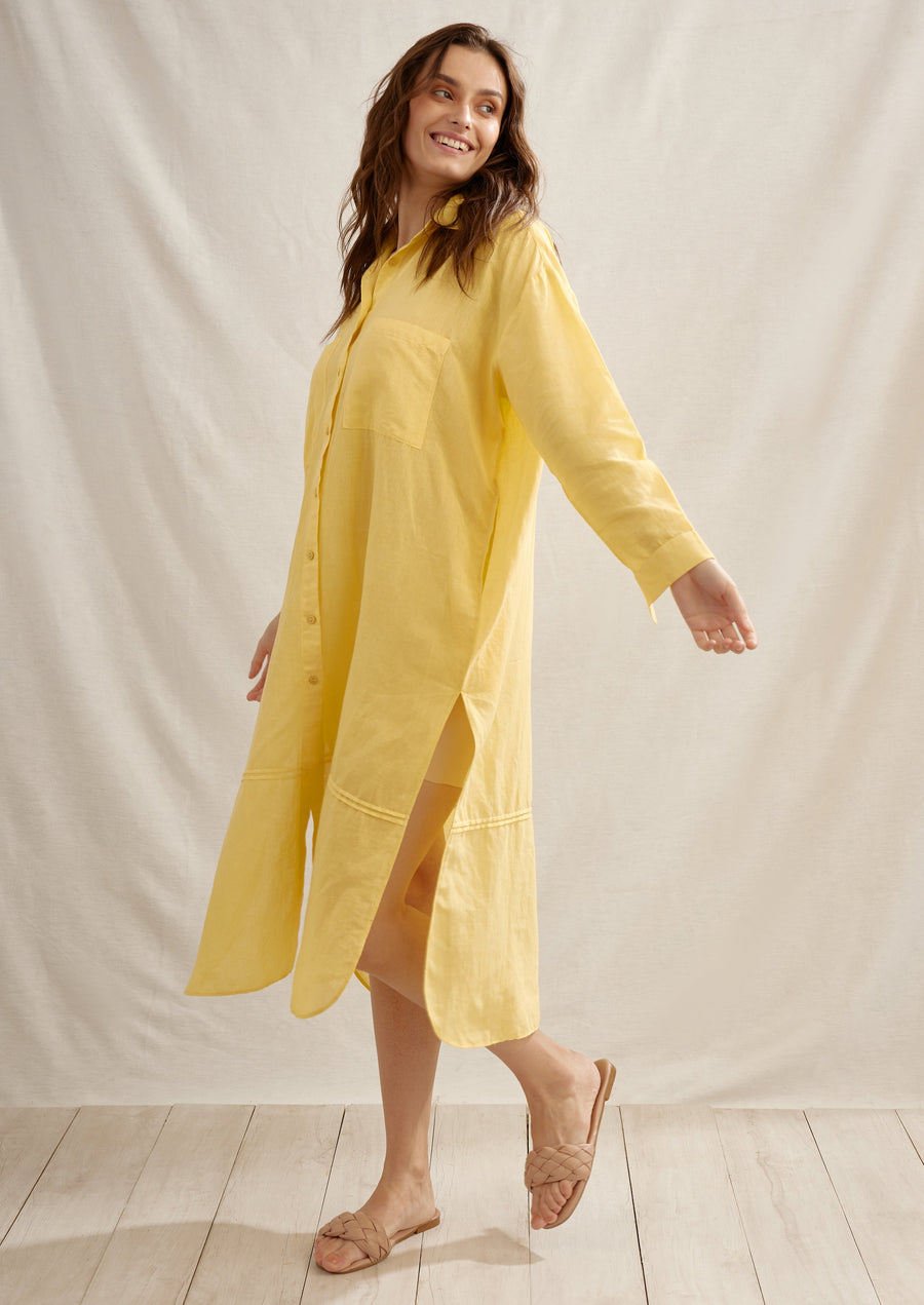 Light Linen Pleated Shirt Dress for Women